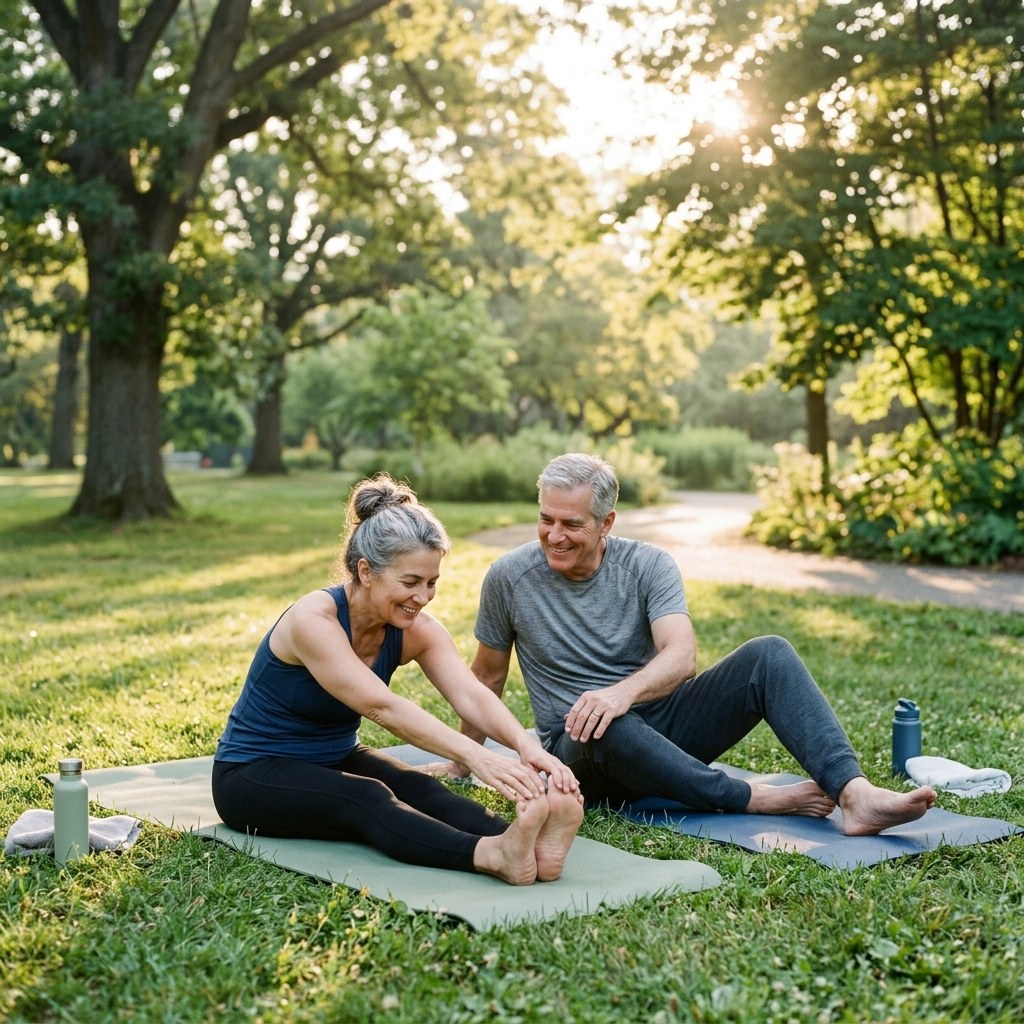 Couple in their late 50s doing gentle yoga stretches outdoors