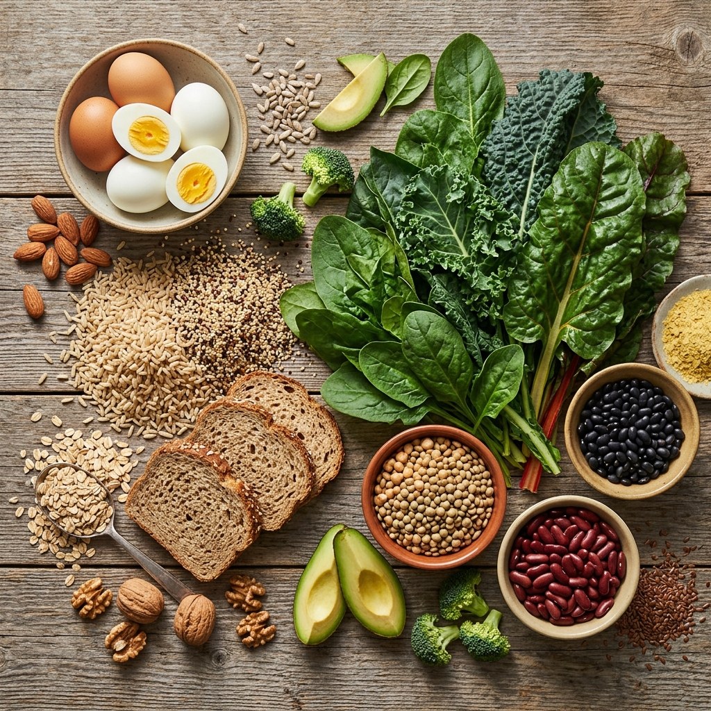 B-vitamin rich foods including eggs, whole grains, and leafy greens