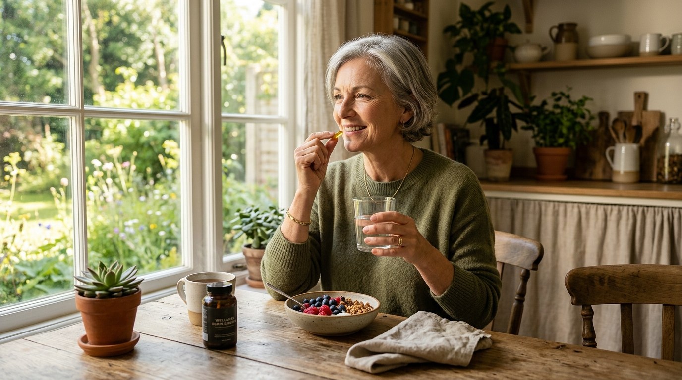 Woman at a bright breakfast table taking a supplement with water