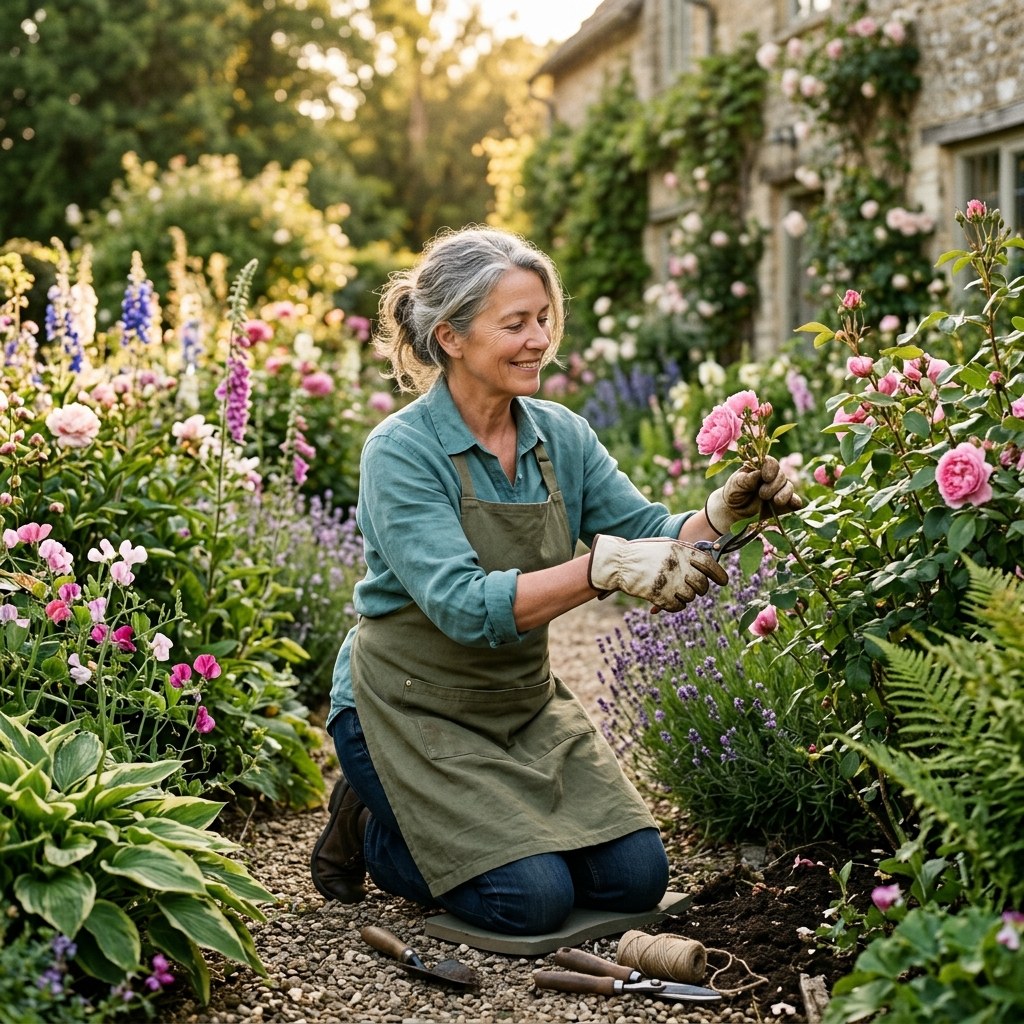 Woman in her late 50s gardening outdoors