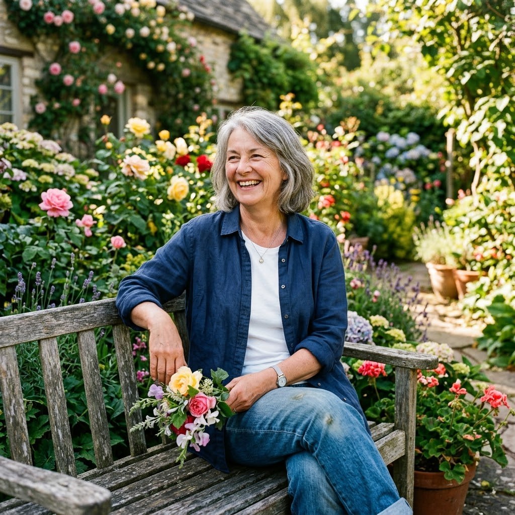 Active woman in her 60s enjoying a sunny garden