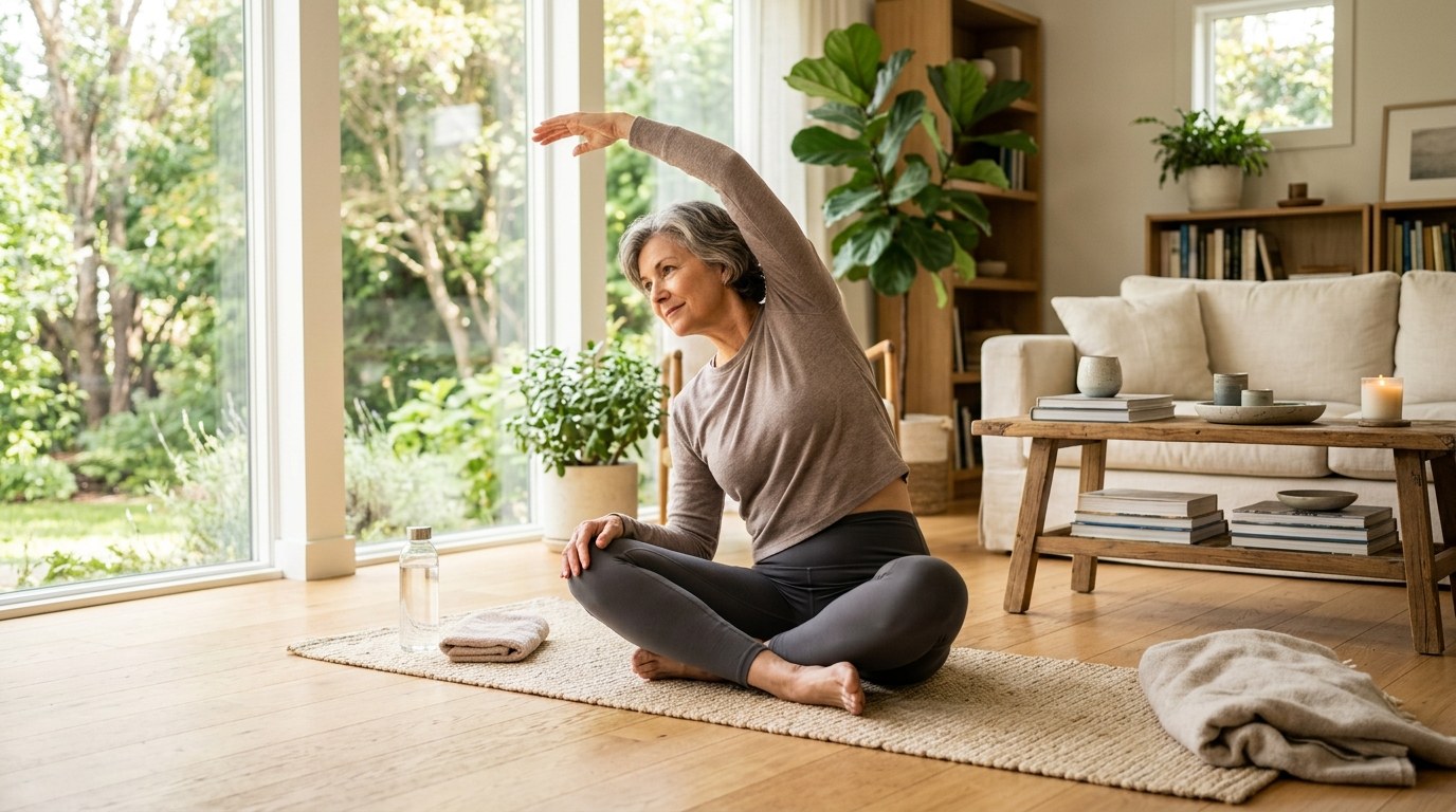 Mature woman doing light stretching in a bright home setting