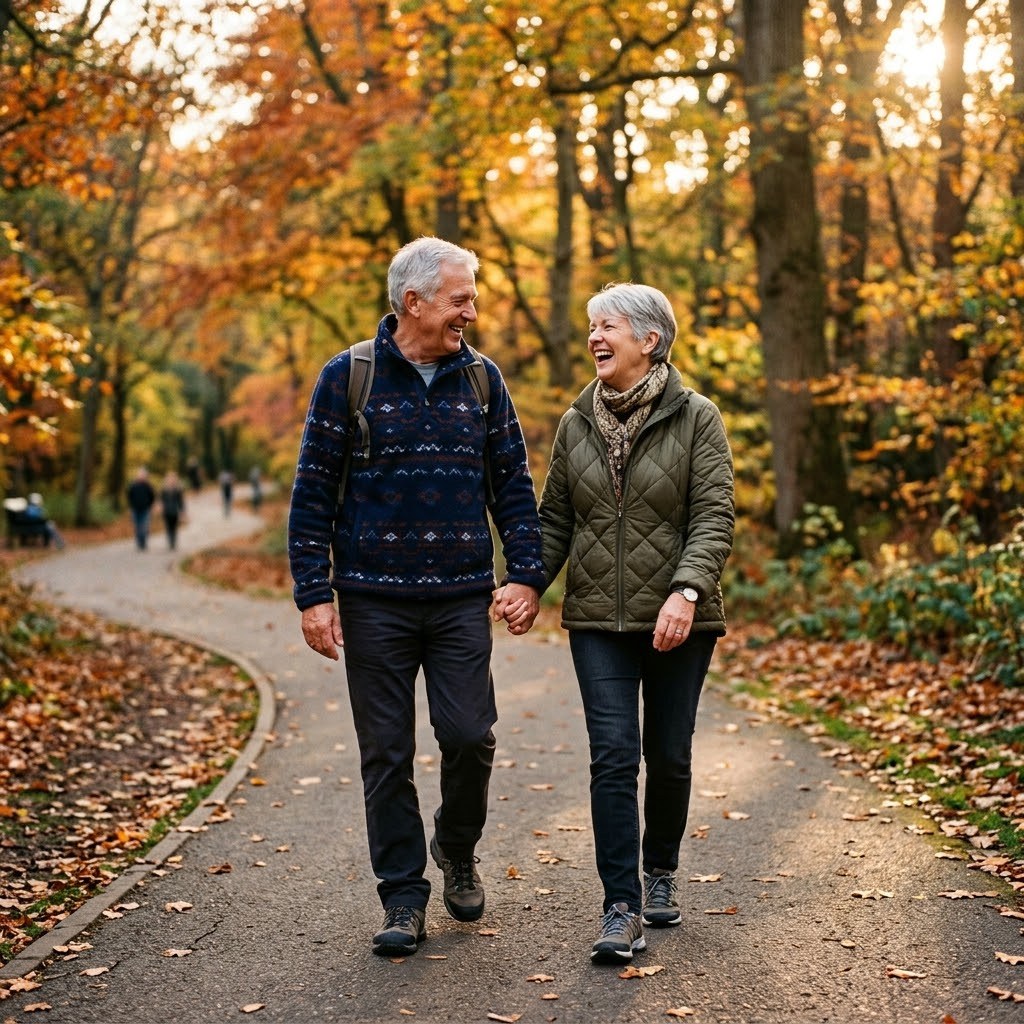 Couple in their 60s walking together on a park trail