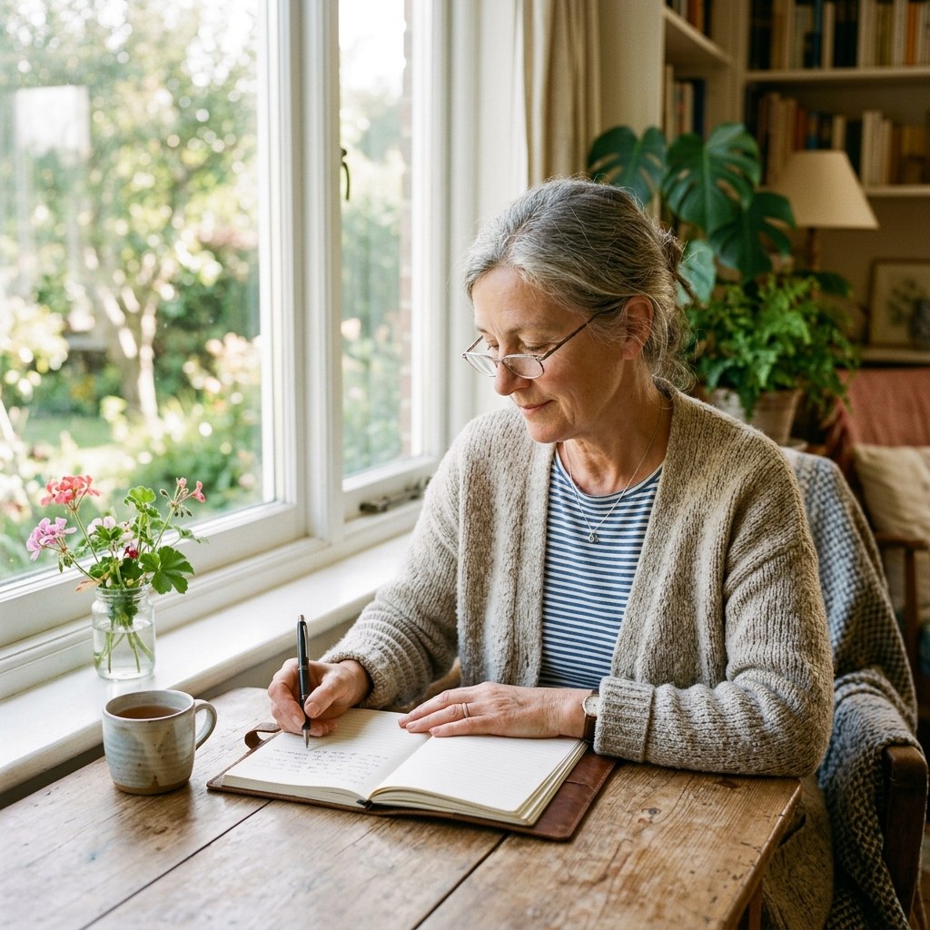 Woman in her 60s journaling by a bright window