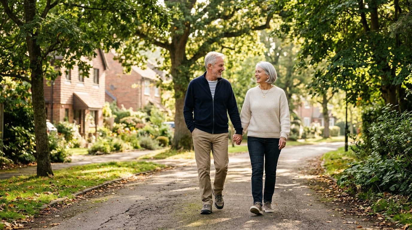 Mature couple walking on a tree-lined path